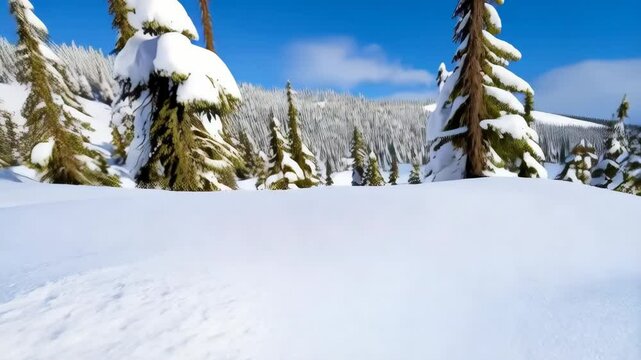 Dark beetle crawls across the snow with mountains and pine trees against a bright blue sky in the background during winter.