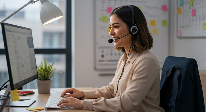 Empathetic call center agent connects and solves customer problems help desk support positive