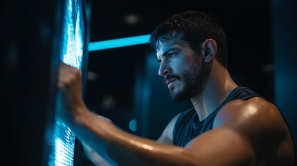 Focused Determination: Man Interacting with a Digital Interface