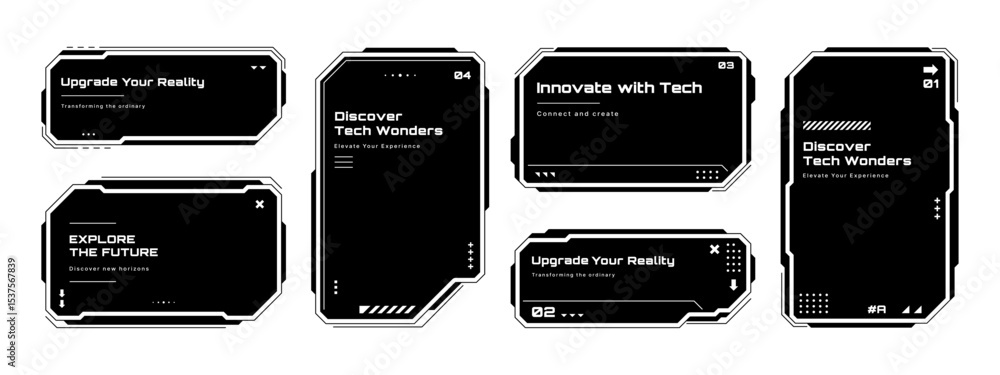 Poster Set of black futuristic HUD user interface elements for tech presentation. Digital text box frame vector.