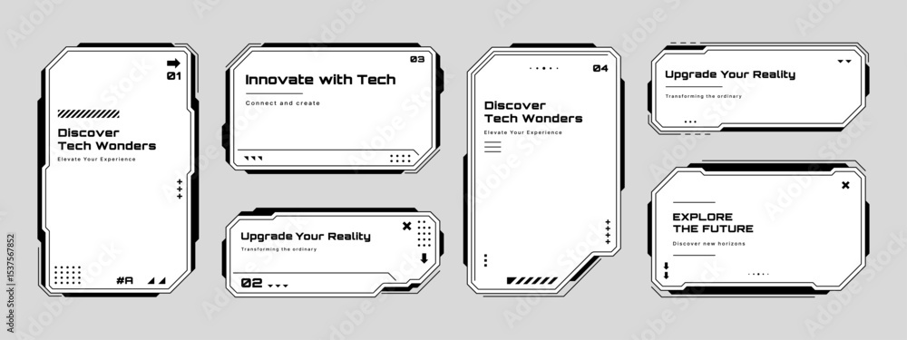 Poster Futuristic hud text box frame template set. Digital user interface design element for business, science, and technology. Vector graphics.