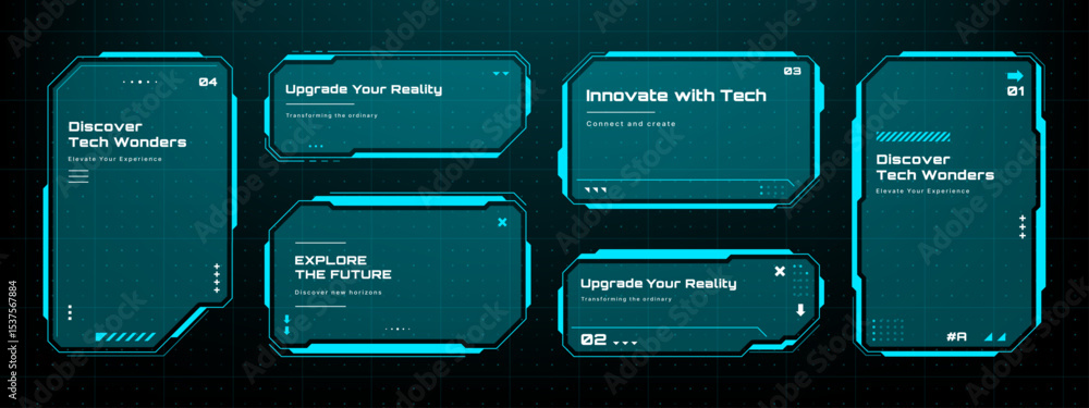 Poster Collection of futuristic HUD text frames and information boxes for sci-fi UI and digital display elements. Vector graphics.