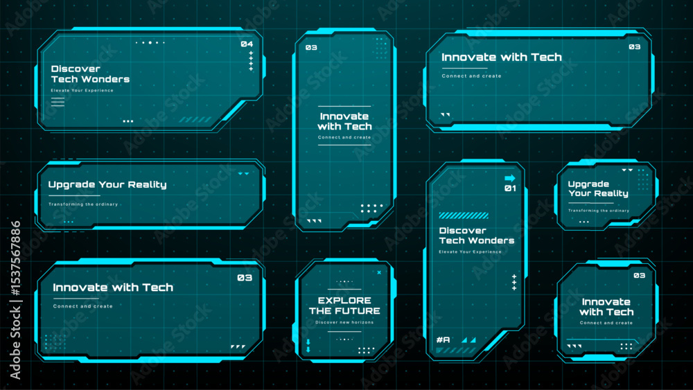 Poster Multiple heads up display text boxes for future technology and data information. Futuristic frames and interfaces for digital display. Vector graphics.