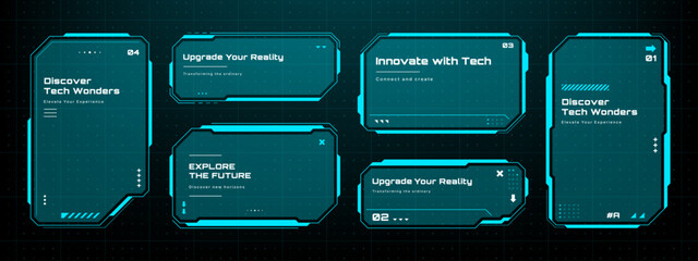 Collection of futuristic HUD text frames and information boxes for sci-fi UI and digital display elements. Vector graphics.