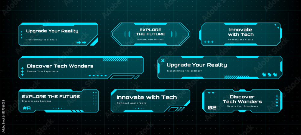 Leinwandbilder Futuristic hud text box frame set as vector illustration. Digital tech background for data display. Cyberpunk interface element with light blue outline.