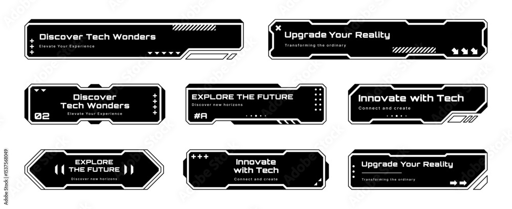 Poster HUD text box frames vector set for digital interface. Futuristic banner elements for data display and modern technology.