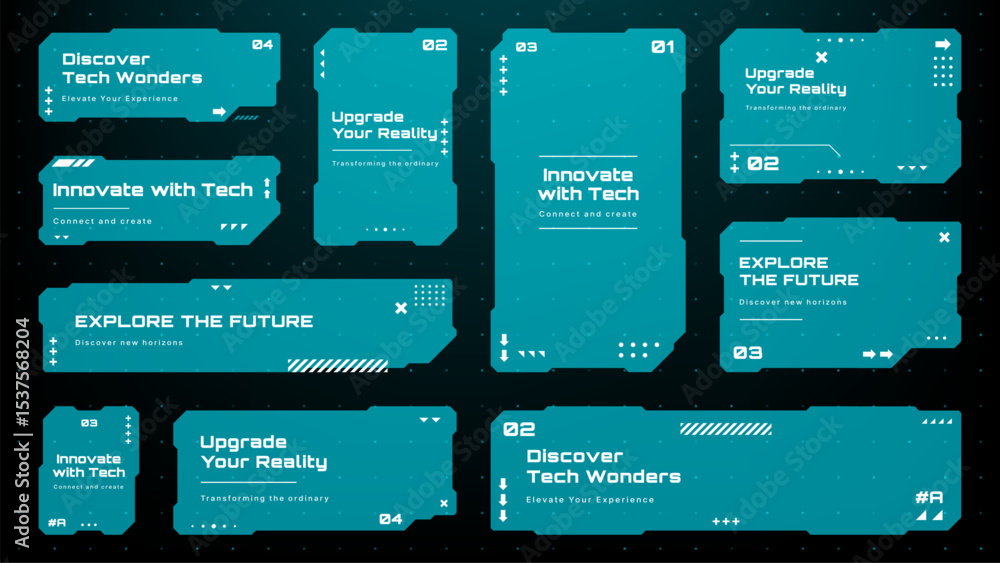 Poster Blue hud text box frames with tech wonders and future exploration concepts. Digital user interface elements for futuristic display. Vector graphics.