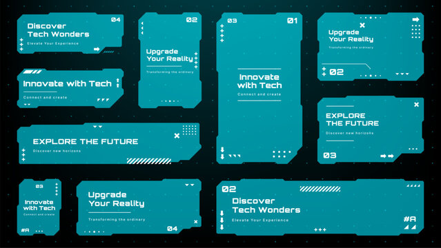 Blue hud text box frames with tech wonders and future exploration concepts. Digital user interface elements for futuristic display. Vector graphics.
