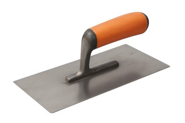 Stainless steel plastering trowel with orange handle isolated on transparent background, ready for construction and renovation work