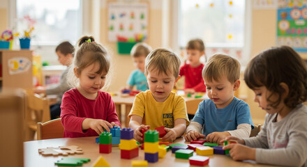 Fototapeta premium Creative Kids Learning Through Play at Preschool Early Childhood Education Building Blocks Teamwork