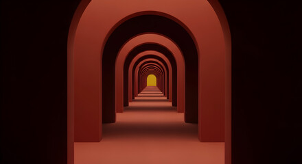 Naklejka premium Abstract Red Archway Corridor Leading to Yellow Light, Minimalist 3D Render Background