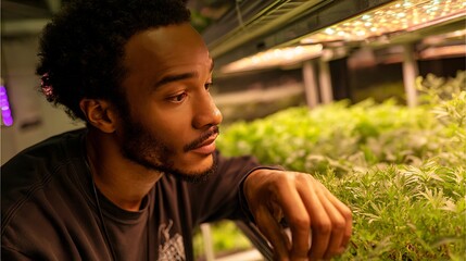 Urban Farming: Young Man Inspecting Indoor Vertical Farm