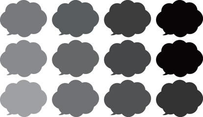 グレーのもこもこした吹き出しセット。１２色のグレー。雲の形のふきだし。