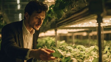 Vertical Farming: Man Inspecting Hydroponic Greens in Indoor Farm