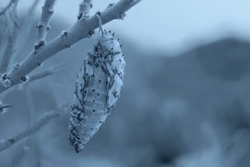 Monochromatic shot of a spiky butterfly chrysalis hanging from a tree branch against a blurred, light blue background.