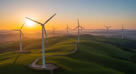 Wind Turbines on Rolling Hills: A stunning image showcases the harmony between sustainable energy and the beauty of nature.