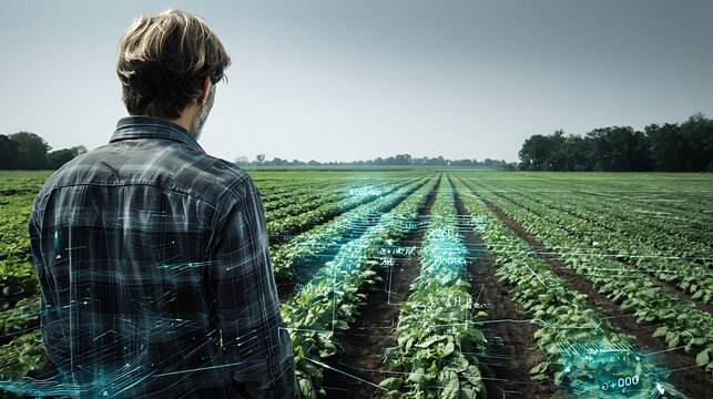 Agricultural Tech: Farmer Monitoring Crop Health with Digital Overlay