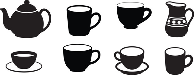 Black Teapot and Tableware Icon Set of Coffee Cups, Mugs, Kettles in Silhouette Vector Style on White Background
