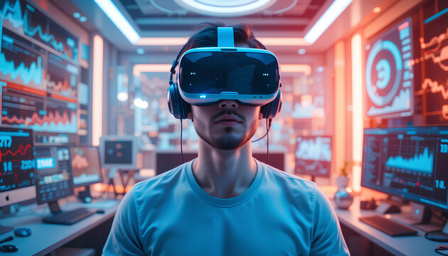 > Freelancer using VR headset while floating in a virtual futuristic workspace with data charts and holograms around, digital freedom theme – modern tech lifestyle stock image - Powered by Adobe
