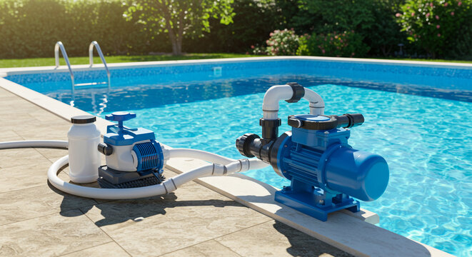 Backyard pool pump system blue motor pipes near clean water summer maintenance equipment in sunlight