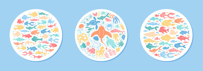 Round underwater sticker design featuring colorful fish, turtles, and sea life. A vibrant marine concept with cartoon aquatic creatures and ocean details. Perfect for aquatic themes decorations.