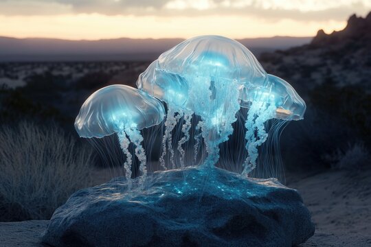 Three luminous jellyfish sit atop a rock in a desert landscape at twilight, creating a surreal, ethereal scene.