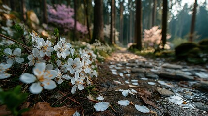 Fototapeta premium A cluster of white blossoms rests atop the woodland ground beside an expansive wooded area filled with numerous trees