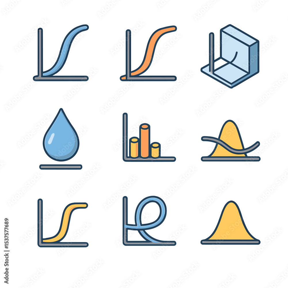 Poster activation functions icons. isometric flat icon set of activation functions: sigmoid curve, tanh cur