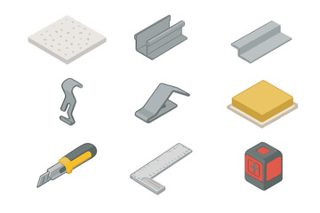 Acoustic Ceiling Components. Isometric Flat icon set of acoustic ceiling tiles: mineral fiber tile, metal grid, perimeter channel,