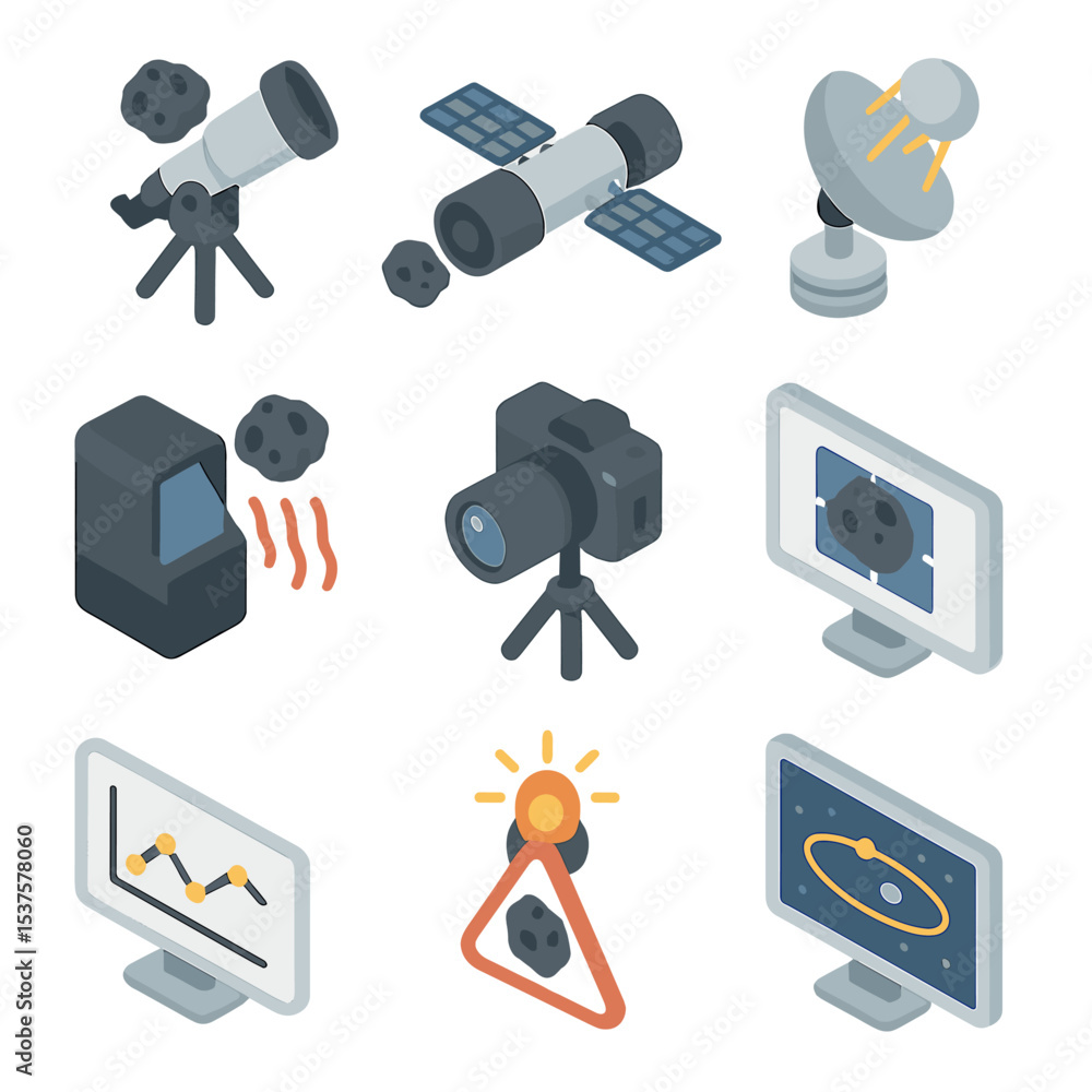 Aufkleber asteroid detection icons. isometric flat icon set of asteroid detection methods: ground telescope, s