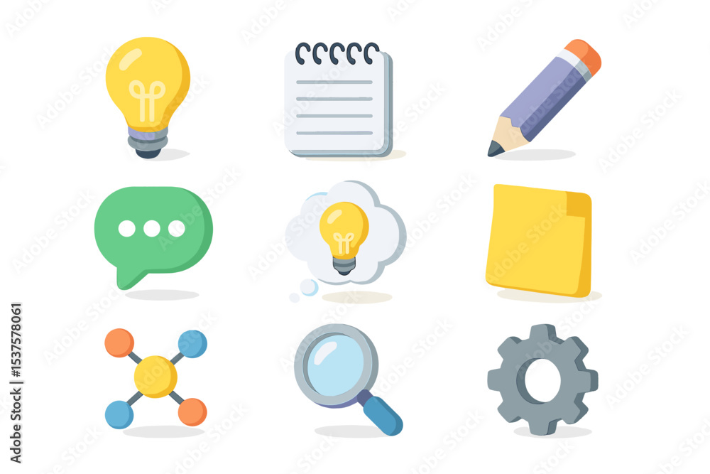 Poster async brainstorm icons. isometric flat icon set of async brainstorm sessions: lightbulb, notepad, pe