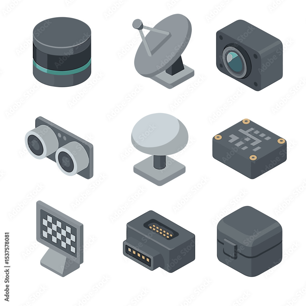 Poster autonomous sensor icons. isometric flat icon set of autonomous sensor suite: lidar scanner, radar di