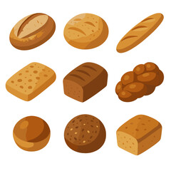 Artisan Bread Icons. Isometric Flat icon set of artisan bread varieties: sourdough loaf, ciabatta boule, French baguette, focaccia