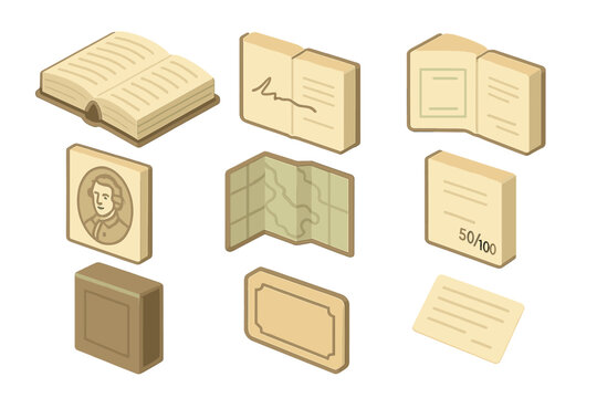 Antique Books Icon Set. Isometric Flat icon set of antique author editions: first edition folio, signature page, dedication page,