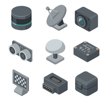 Autonomous Sensor Icons. Isometric Flat icon set of Autonomous Sensor Suite: LiDAR scanner, radar dish, camera module, ultrasonic