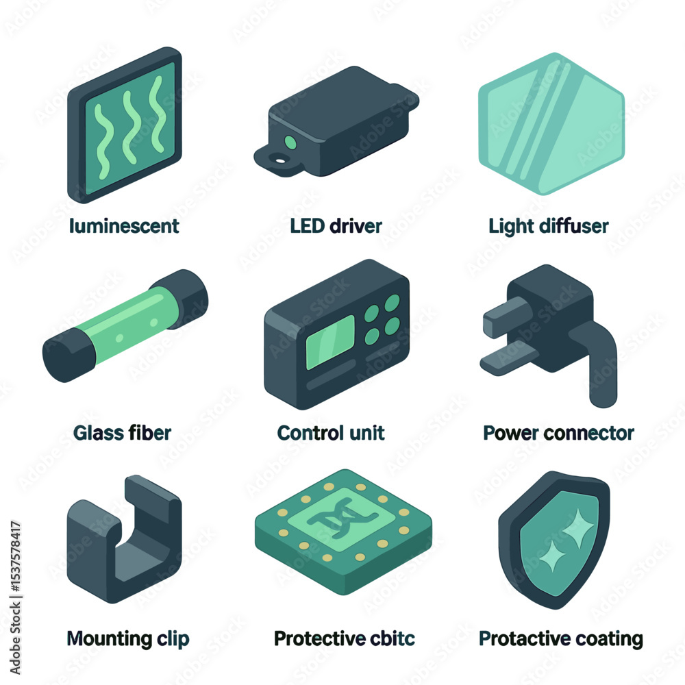 Poster bio-luminescent icon set. isometric flat icon set of bio-luminescent façade elements: luminescent al