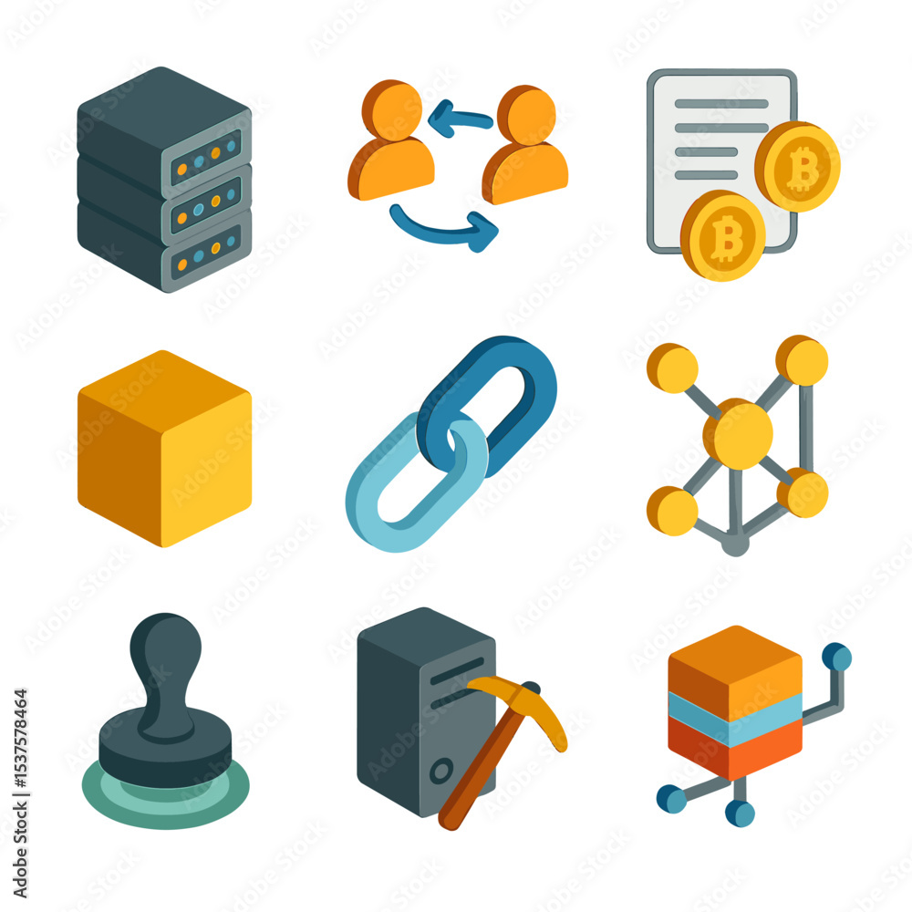 Poster blockchain icon set. isometric flat icon set of blockchain network nodes: server rack, peer-to-peer 