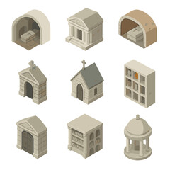 Burial Architecture Icons. Isometric Flat icon set of burial architecture: catacomb corridor, funerary temple, underground vault,