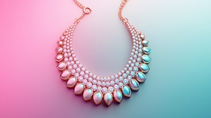 Obraz premium Rose gold necklace with diamonds arranged on gradient pastel background