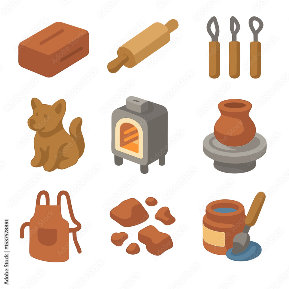 Poster clay workshop icons. isometric flat icon set of clay modeling workshop: clay block, rolling pin, mod