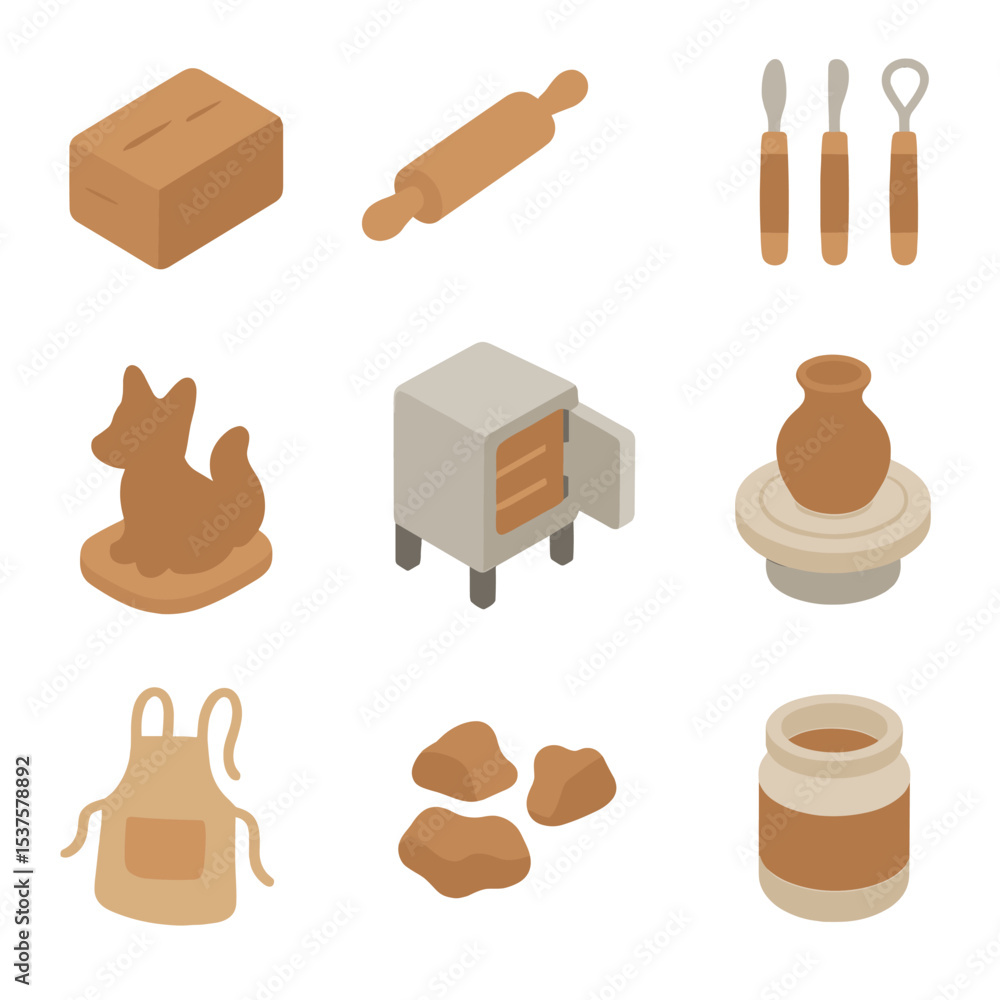Poster clay workshop icons. isometric flat icon set of clay modeling workshop: clay block, rolling pin, mod