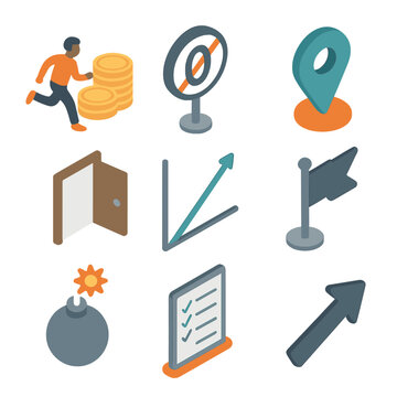 Contestable Markets Icons. Isometric Flat icon set of Contestable markets concept: hit-and-run entrant, sunk cost zero sign,