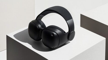 Vertical layout of headset and box on white-to-gray background transition