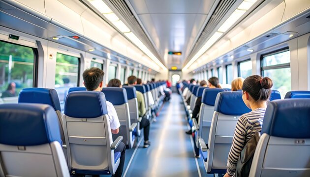 Diverse group of people commuting together on a modern train during rush hour. people