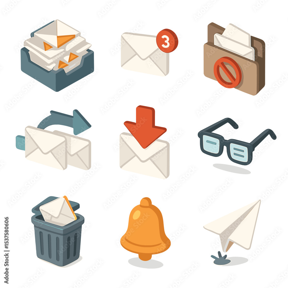 Poster email overload icons. isometric flat icon set of email overload frustration: overflowing inbox tray,