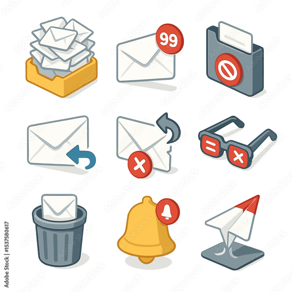 Poster email overload icons. isometric flat icon set of email overload frustration: overflowing inbox tray,
