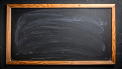Blank blackboard with wooden frame on black background, ideal for educational or menu display