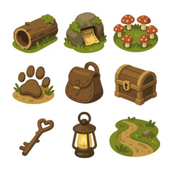 Fototapeta premium Forest Treasure Icons. Isometric Flat icon set of forest hidden troves: hollow tree trunk, mossy rock cache, mushroom circle,