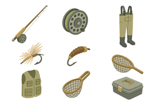 Fly Fishing Gear. Isometric Flat icon set of Fly fishing gear: fly rod, reel, floating line, dry fly, nymph, waders, fishing vest,