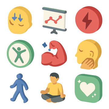 Health Benefits Icons. Isometric Flat icon set of health benefits icons: stress reduction icon, improved circulation chart, pain